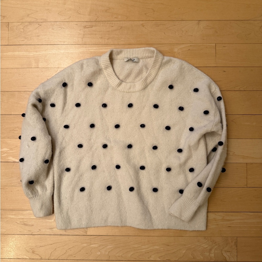 Madewell Wool Blend Crew Neck Sweater with Blue Pom Poms - Small